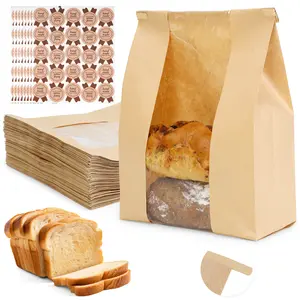 Bread Bags For Homemade Bread 100pcs 13.7 Inch Sourdough Paper Bags With Window Large Bakery Storage Cookies Snacks 200 Sealing Stickers High-Quality Kraft Paper