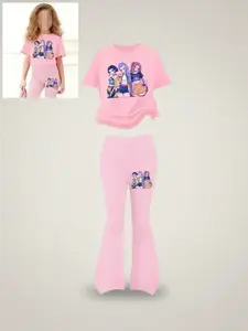 Halloween Christmas Costume Set, Witch Pattern Print 2-Piece Girls Casual Sports Short Sleeve & Bell Bottoms, Youth Trendy Sportswear, Cute Clothing Set