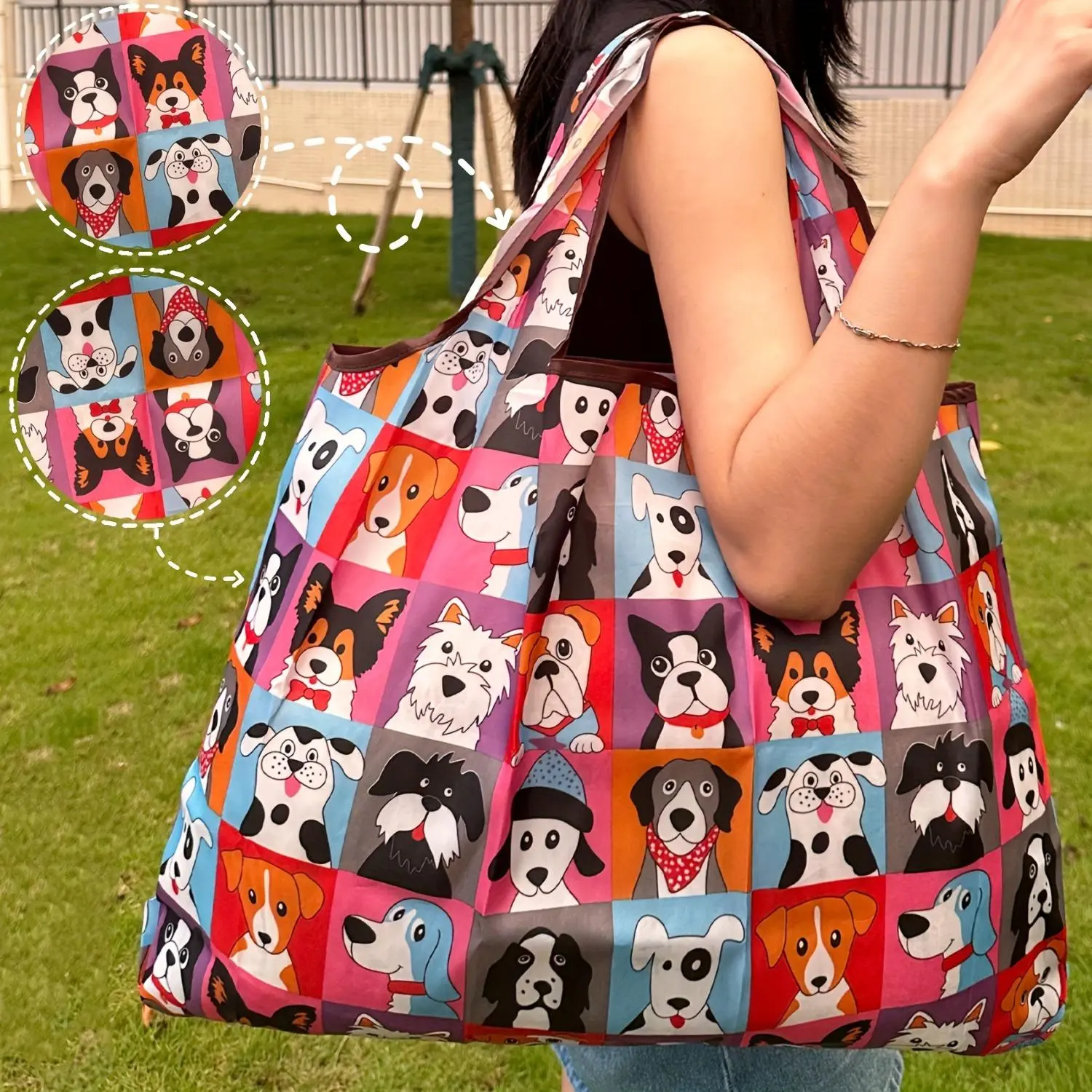 Foldable Shopping Bag Reusable Lightweight Large Capacity Waterproof Fabric with Adorable Dog Print Essential for Street Shopping