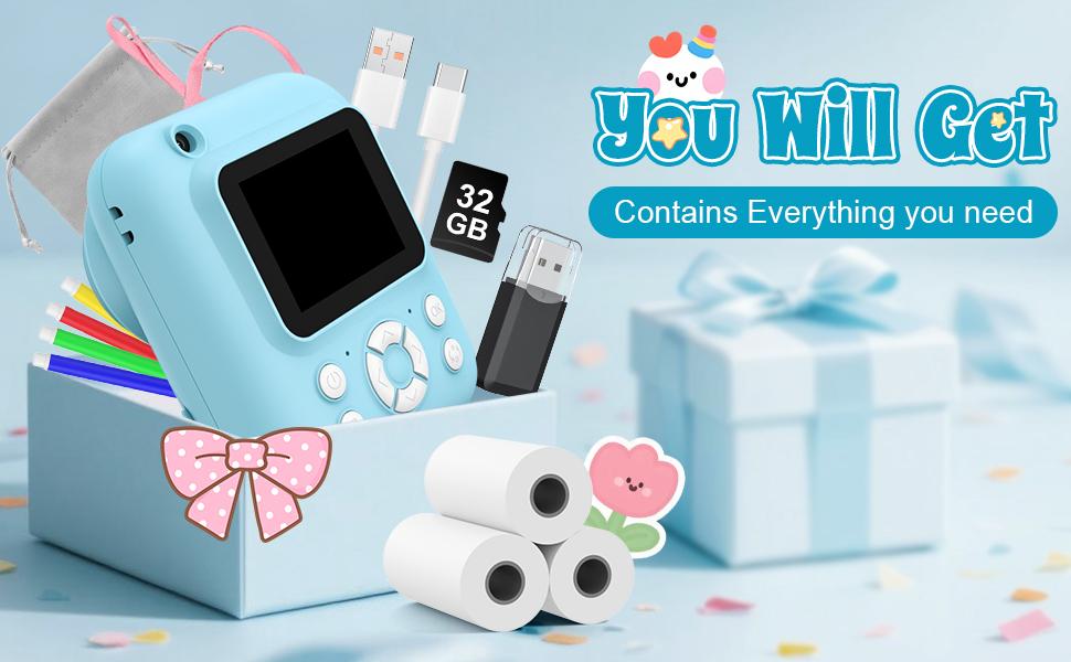 Kids Camera Instant Print, 1080P Selfie Digital Camera for Kids, Portable Toddler Toy, Kids Polaroid Instant Camera with 3 Rolls of Paper, Christmas Birthday Gifts for 3-12 Year Old Girls Boys