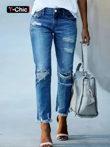 Women's Plain Distressed Hemming Denim Jeans, Streetwear Street Fashion Casual Chic Comfy Jeans for Daily Wear, Ladies Bottoms for Spring & Fall, Womenswear Pants