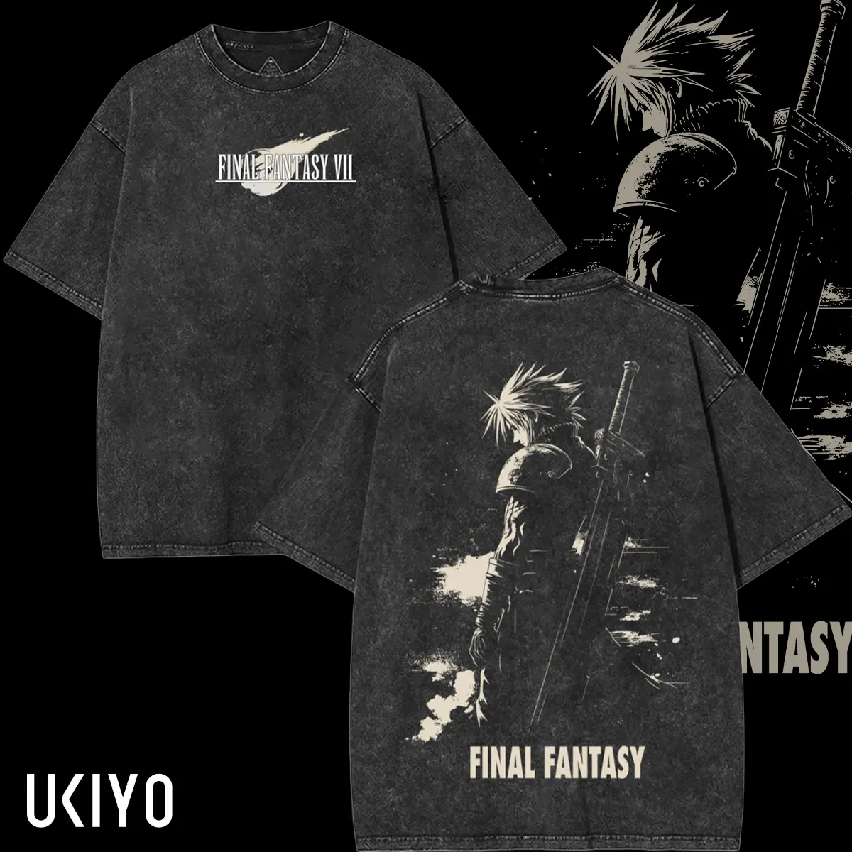 Final Fantasy VII Vintage Washed Tee Unisex Heavyweight Cotton T-shirt for Game Fans, Graphic Tees shirts men Fabric Menswear Tshirt unisex cotton streetwear Tops Black