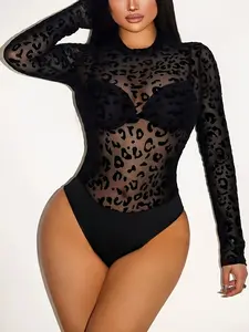 Spring Summer New Leopard Print Mesh Round Neck Long Sleeve Transparent Jumpsuit, Sexy Holiday Party Women's Elegant One-Piece Pants Bodysuit