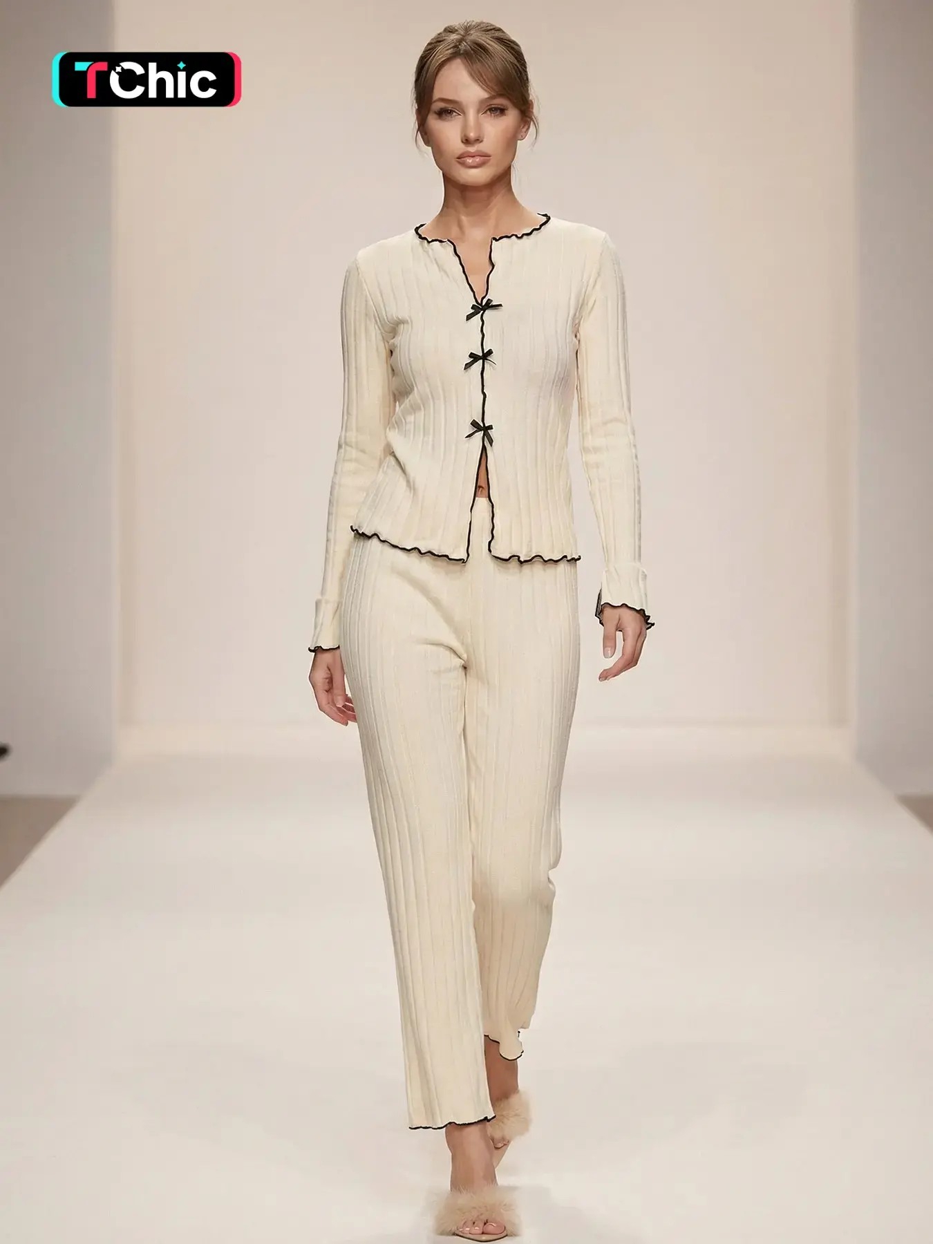 Women's Spring Autumn Winter Plain Thickened Warm Sweet Bow Lace V-Neck Long Sleeve Home Set Two-Piece Suit