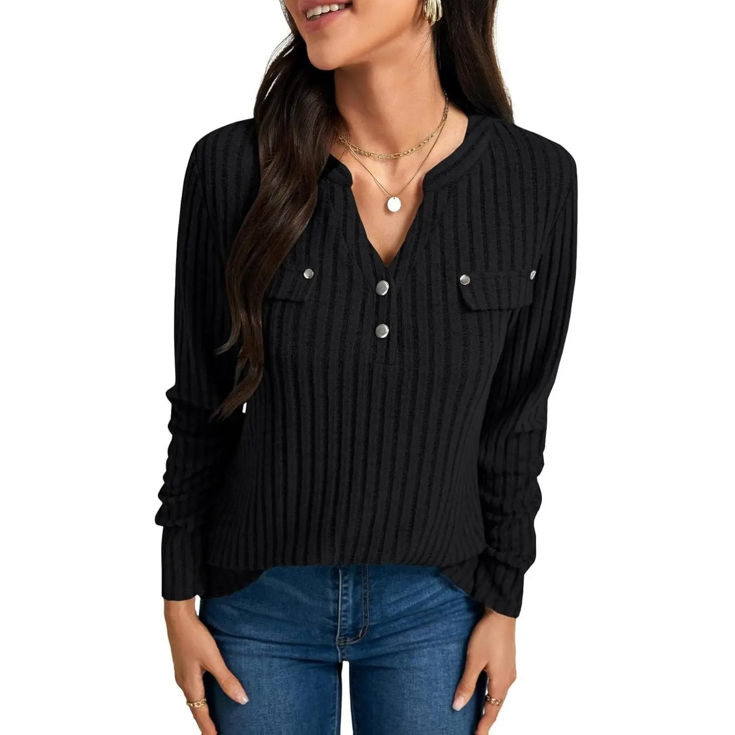 LYANERS Women's Long Sleeve Shirts Button V Neck Casual Pullover Sweaters Tunic Knitwear Tops Womenswear