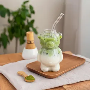 3-piece set (1 cup+1 straw+1 brush) containing bee bear straw cup, teddy bear glass with straw 12Oz, cute mug, coffee, beer, wine, cocktail beverage glassware, cute cup, mini cup
