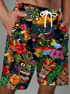 Men's Bohemian-style oversized summer shorts, Swimwear shorts - Vibrant tropical flowers and tiara patterns, adjustable waist design, with pockets, lightweight polyester blend material, perfect for beach, poolside, large size
