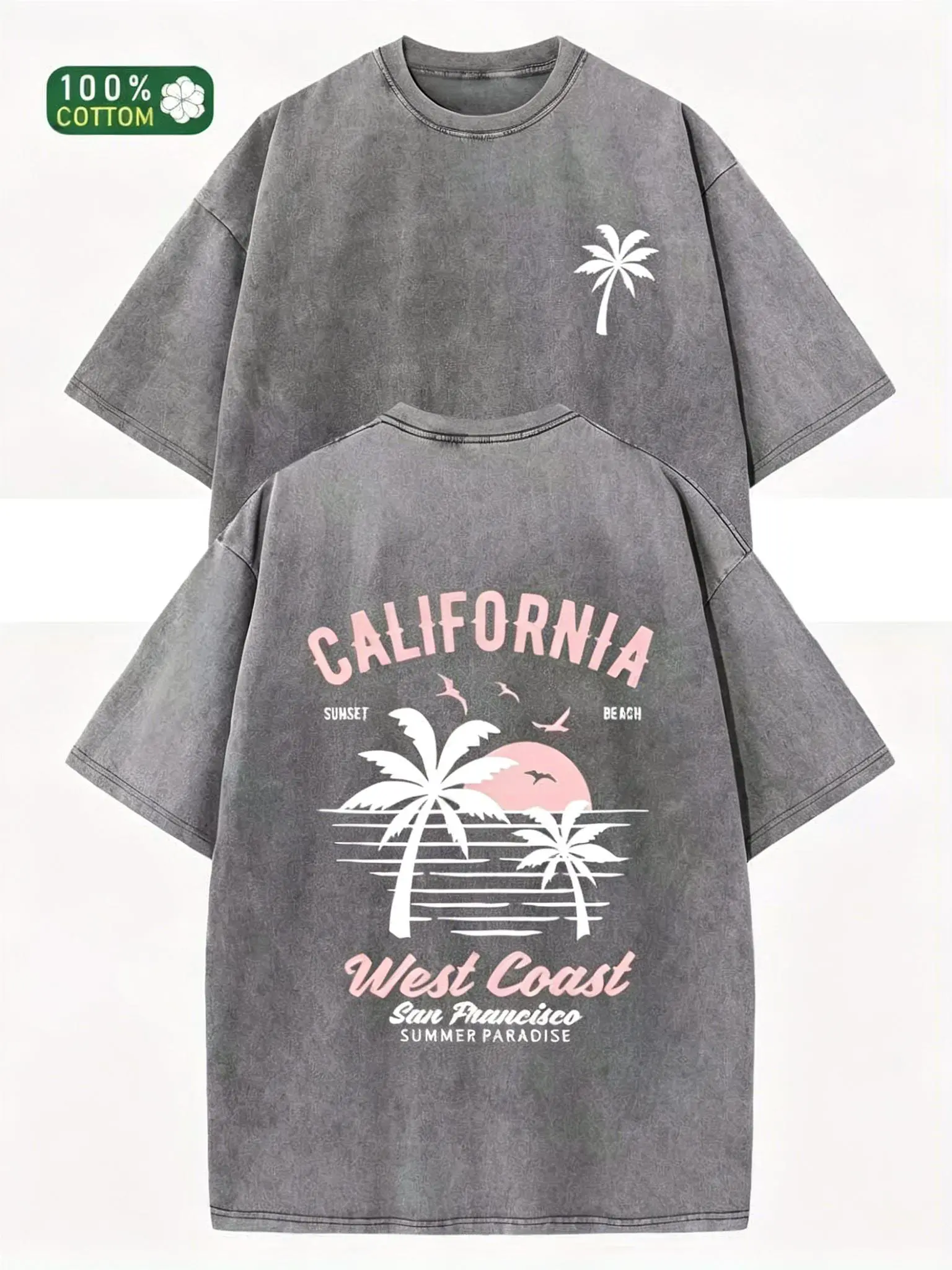 Washed Cotton California Graphic Tee – 230g Soft Vintage Surf Beach Tee with Palm Trees & Retro Print, Loose Fit Summer Casual Shirt for Men Women, Unisex Machine Washable Baggy Crewneck Basic Classic
