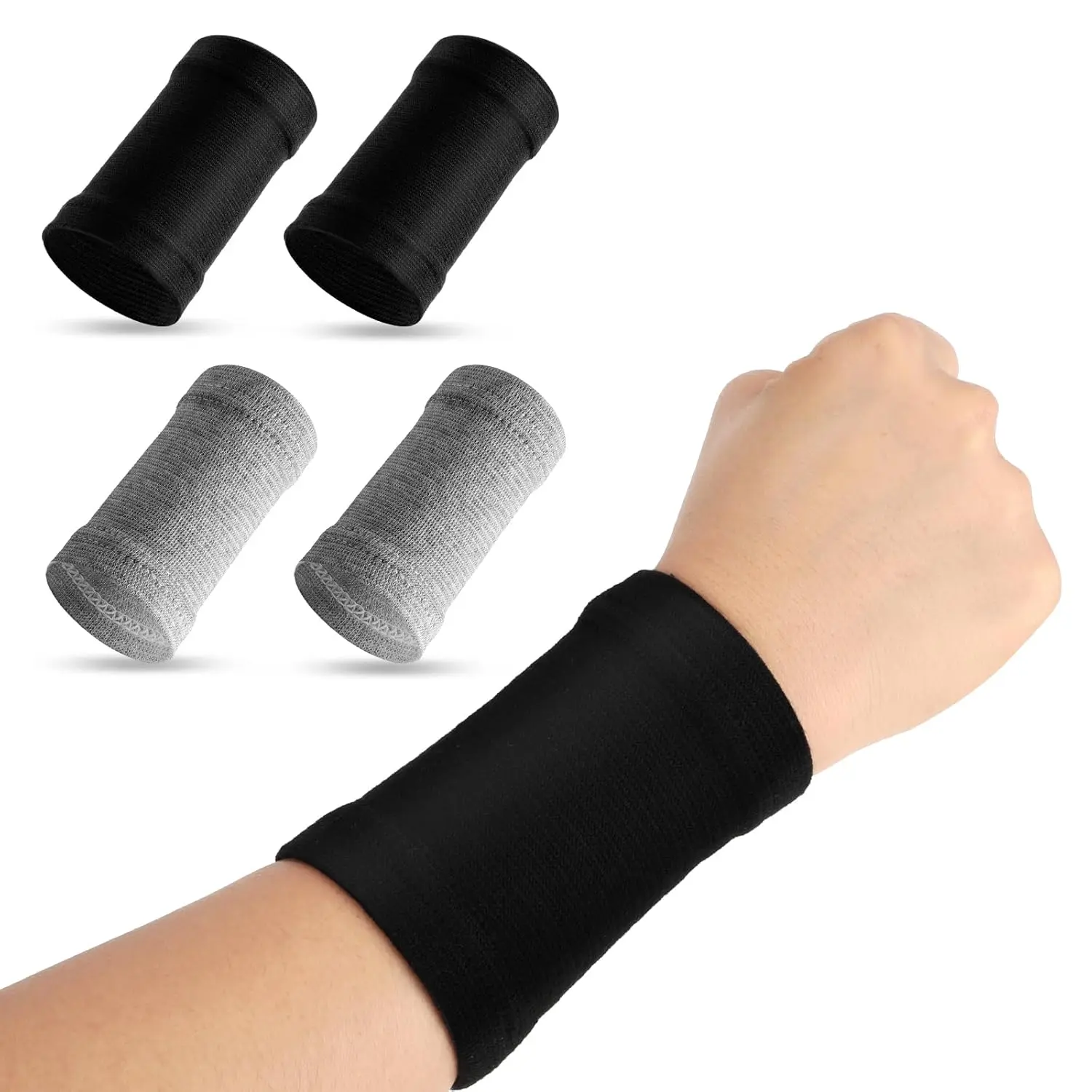 Wrist Compression Sleeve, 2 Pairs Spandex Soft Elastic Wrist Brace Hand Band Sport Support Wraps Arthritis Pain Relief for Men Women Work Gym Typing Golf Volleyball(Gray+Black)