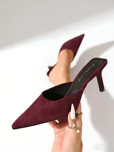 Burgundy Suede Pointed Toe Mule Slippers | Stiletto Heel Slingback Sandals | Women's Elegant Wide-Fit Pointed Toe High Heels for Summer | Women's Heeled Sandals | Easy-to-Wear High Heel Sandals for Women