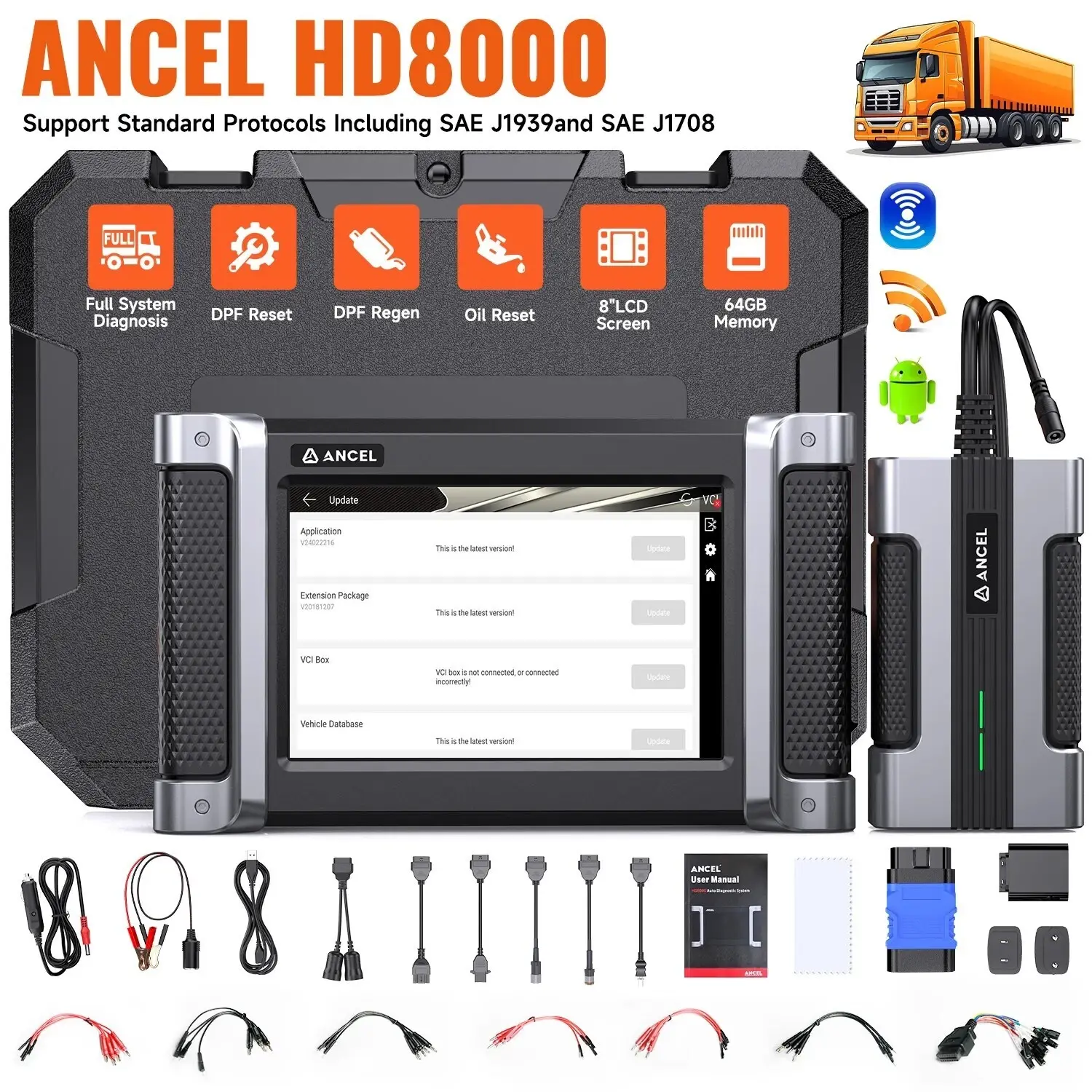 ANCEL HD8000 Heavy Duty Truck Diagnostic Scanner, Advanced Diesel Scanner with DPF Regen, Idle & Speed Limit Adjustment, Full-System ECU Diagnostics, Lifetime Free Updates