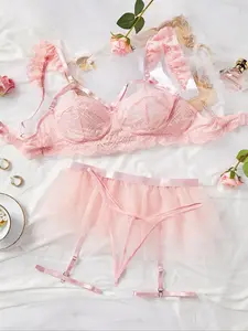 Women's Lace Sexy Lingerie Three-piece Set, Solid Color Cut Out Bra & Thong & Garter Belt with Thigh Ring, Lingerie Set for Women