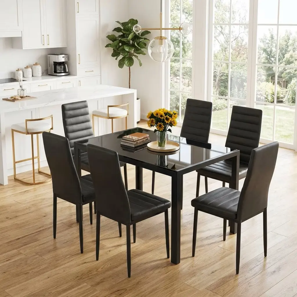 【2 Packages Shipping】Gizoon Glass Dining Table Sets for 6, 7 Piece Kitchen Table and Chairs Set for 6 Person, PU Leather Modern Dining Room Sets for Home, Kitchen, Living Room Seater Aesthetic