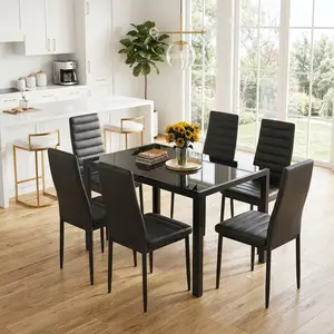 【2 Packages Shipping】Gizoon Glass Dining Table Sets for 6, 7 Piece Kitchen Table and Chairs Set for 6 Person, PU Leather Modern Dining Room Sets for Home, Kitchen, Living Room Seater Aesthetic