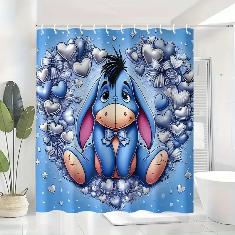 DISNEY CLASSIC Eeyore Shower Curtain - Cartoon Design with 12 Hooks, Vibrant Blue Hearts & Stars Pattern, Durable Bathroom Decor, All-Season Use, Shower Curtain for Bathrooms