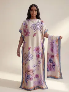 Women's Elegant Floral All-Over Printed Maxi Long Robe Set, Beachwear Sun Protection Satin Scarf & Headband, Fashionable Shawl Dress for All Seasons Matching