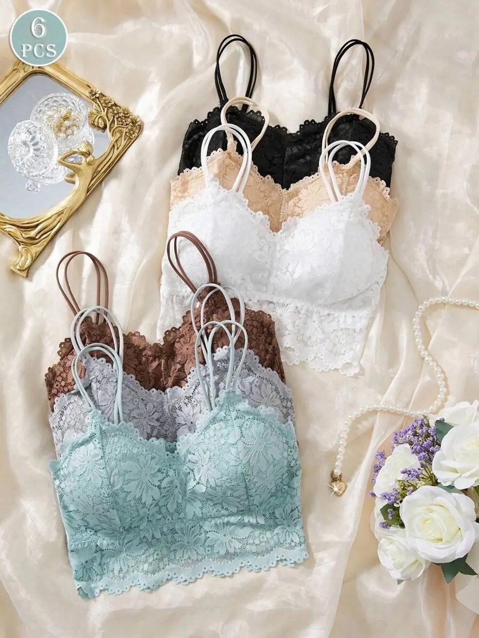 6Pcs Women's Floral Lace Wireless Bralette Set | Longline Lace Bras with Double Spaghetti Straps | Soft Comfortable Everyday Lingerie