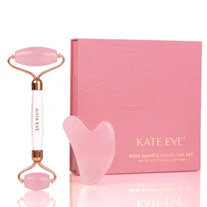 Kate Eve - Rose Quartz Roller for Face and Gua Sha Set - Certified Rose Quartz Face Roller and Gua Sha Set, Genuine Rose Quartz Facial Set for Face Depuff & Skin Lifting, Reduces Wrinkles & Muscle Tension - Best for Skincare Routine & Gift Get