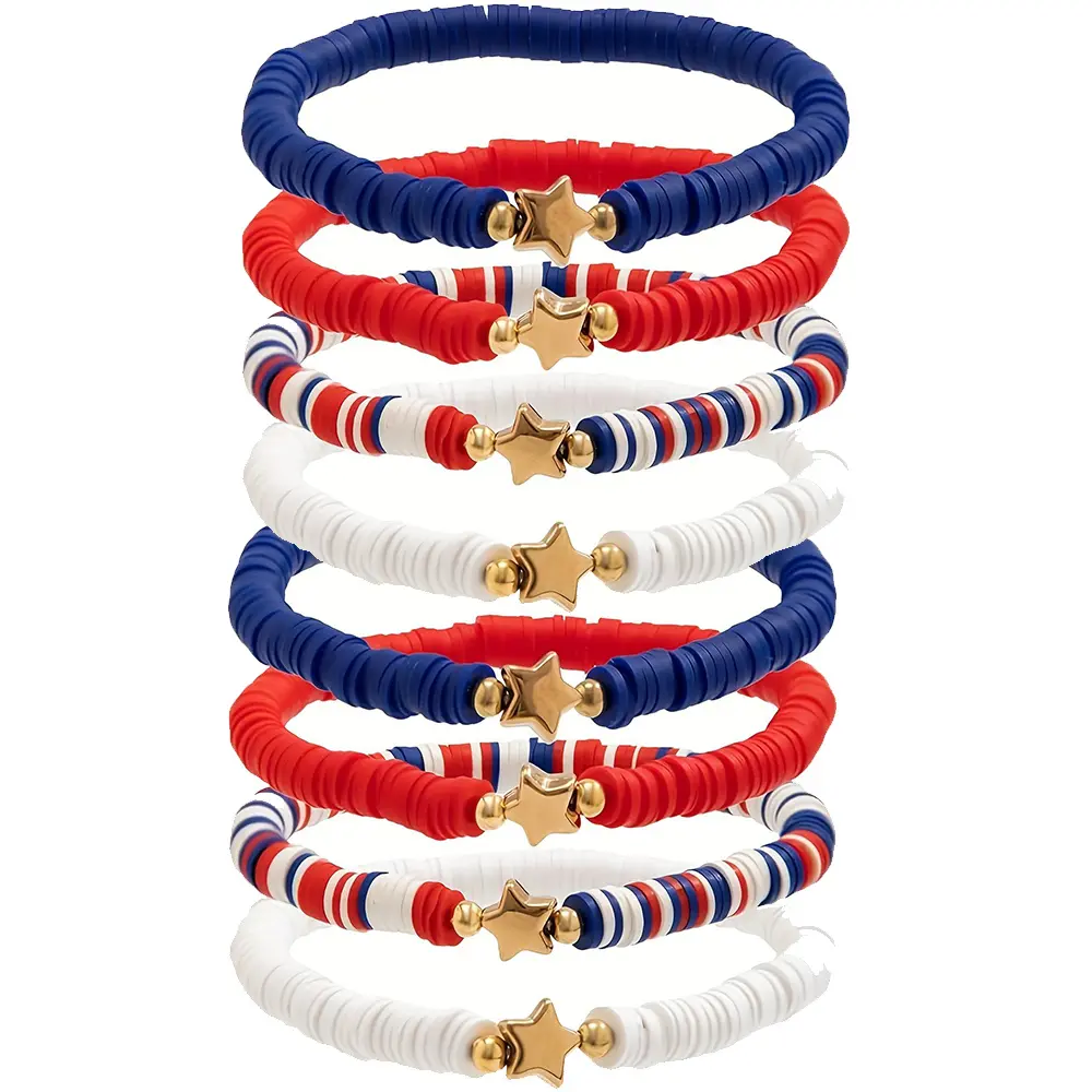 8Pcs Classic Stackable Colorful Polymer Clay Beaded Bracelets Set Independence Day USA Flag Color Red, White, Blue Star Beaded Bracelet Handmade Soft Polymer Clay Elastic Bracelet Set, Independence Day Jewelry Gift