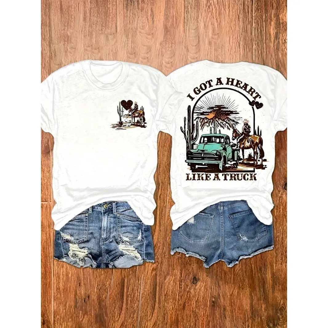 Women's Cotton Cowboy Theme T-Shirt - Loose Fit, Country Music Print, Cow Graphic, Boho Western Design, Soft Casual Summer Top for Desert Ranch Rodeo Country Concert Outfit Gift, Country Music Print Women's T-Shirts