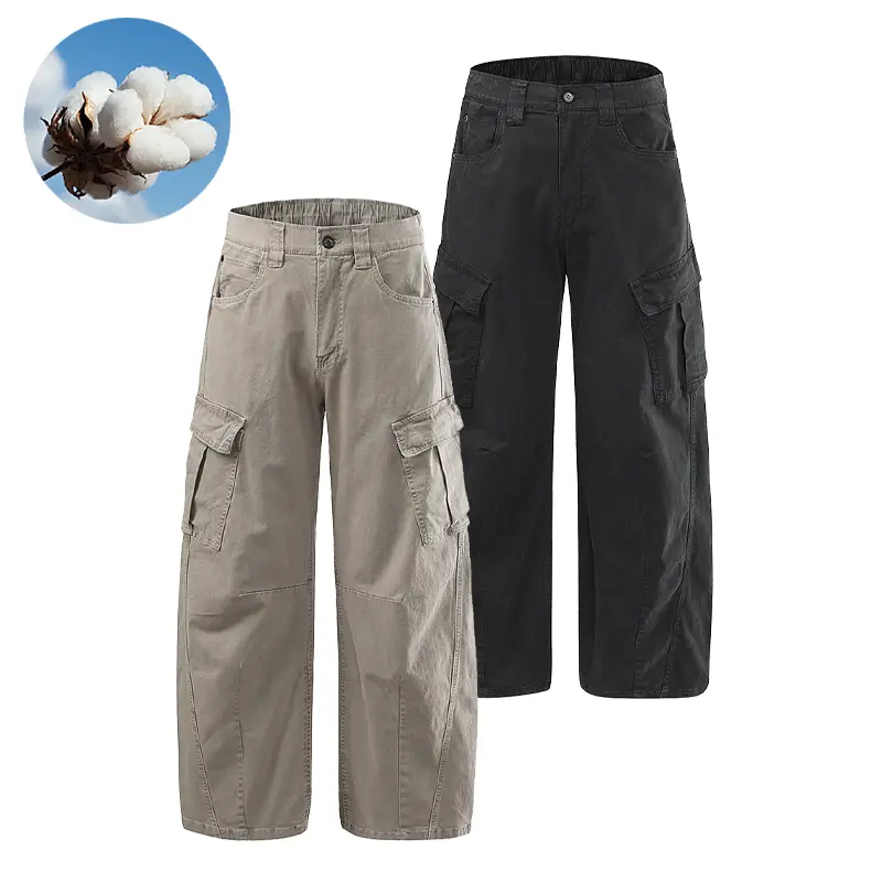 Men's 2-Pack Wide Leg Cargo Pants - Stretch Cotton Blend Menswear, Baggy Loose Straight Fit, Plain Solid Color, Multi Utility Pockets, Vintage Washed, Stylish Breathable Durable Clothes, Comfortable Zippered Casual Outdoor Trousers for All-Season Work