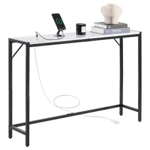 summervibes VEVOR Marble Console Table, Modern Narrow Long Console Table with Power Outlet, Thin Sofa Side Table with Iron Tubes, Anti-Tip Device and Triangular Support for Living Room, Hallway, Entryway, Foyer, Entryway Table, Console Table Entryway