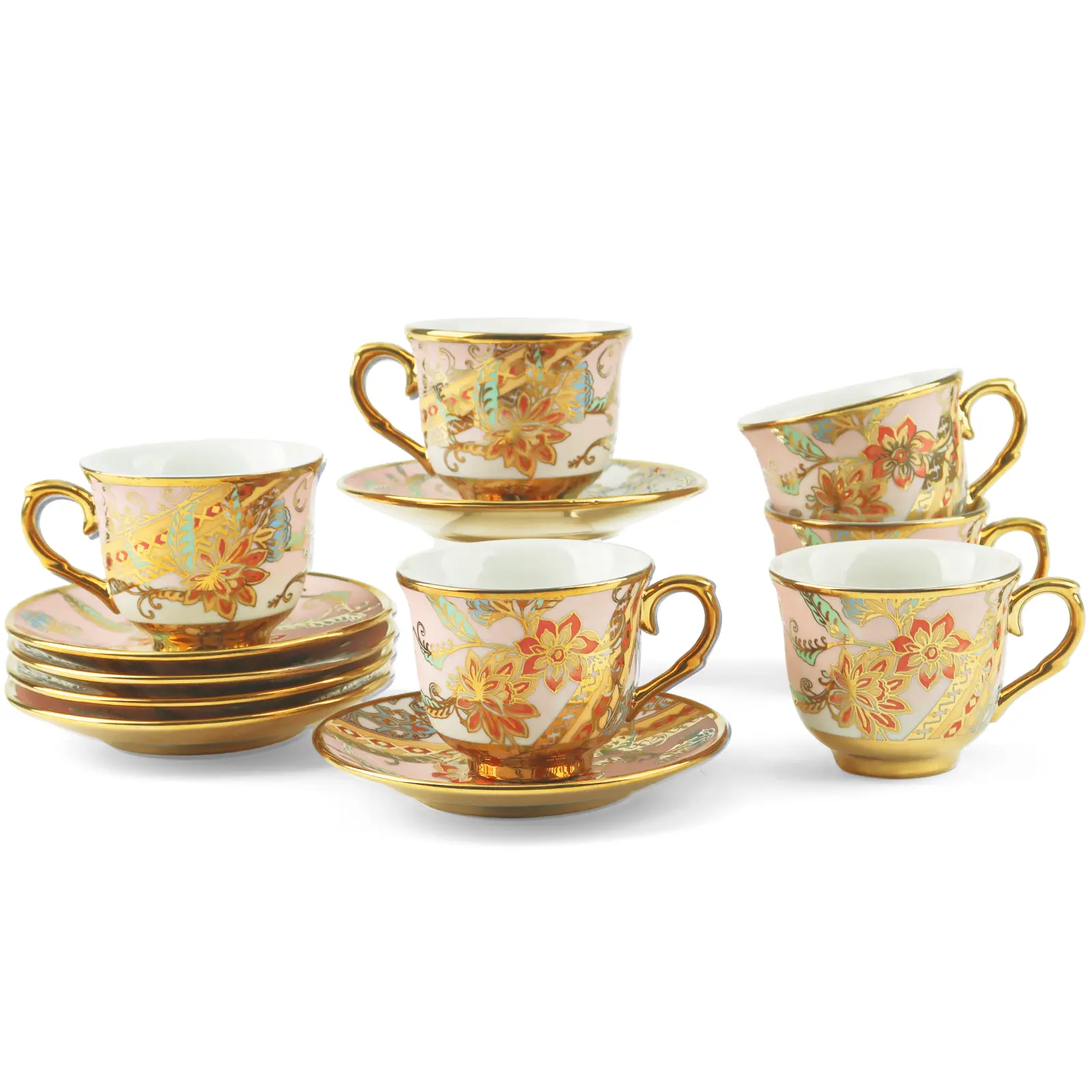 Tea Cups and Saucers Set of 6,3.4oz Floral Tea Cups with Gold Trim,Porcelain Tea Cup Sets,Coffee Cappuccino Espresso Latte Mugs for Party Birthday,Party Cafe Home, Christmas Gift