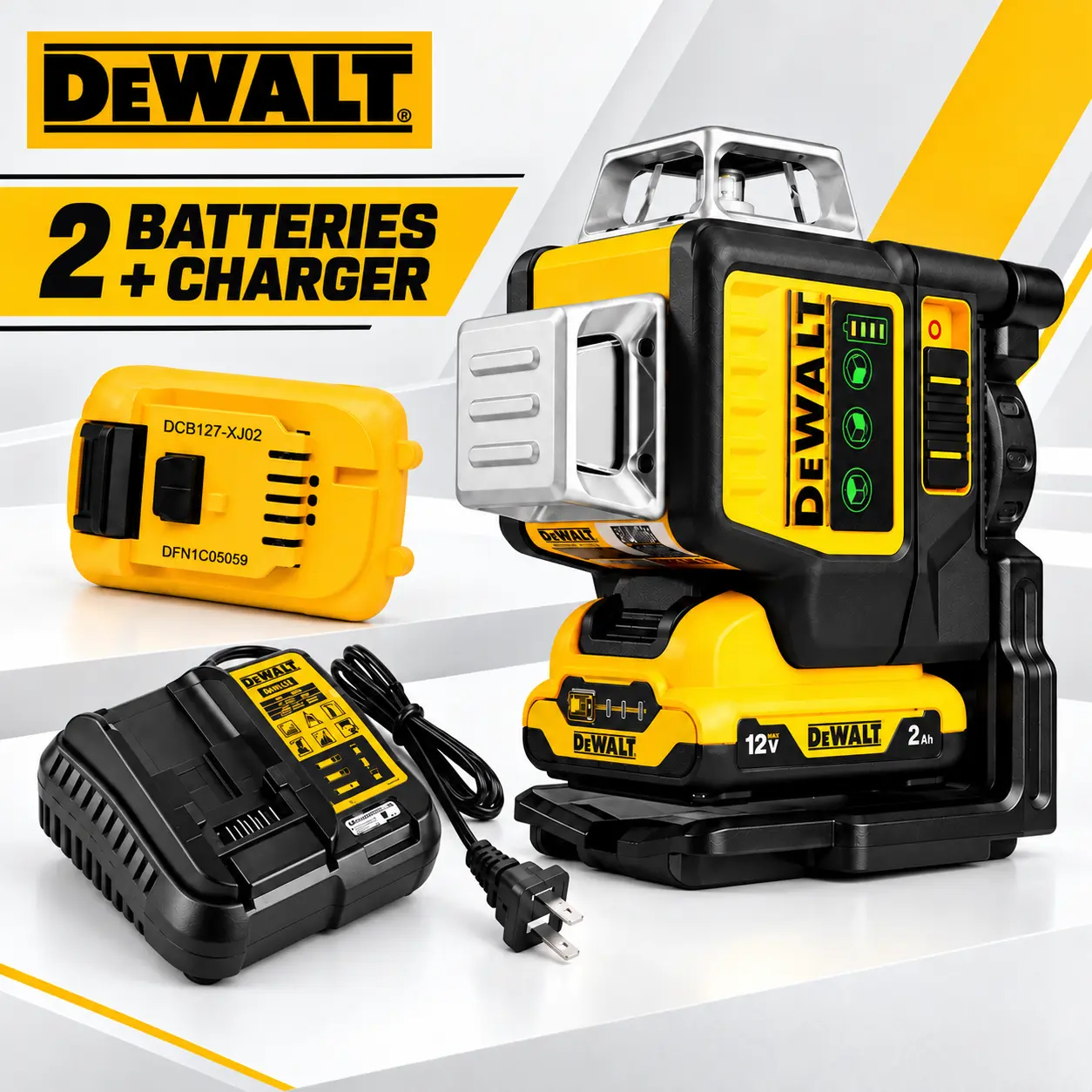 DEWALT DW089LG 12V MAX 3 x 360° Green Line Laser Level, Self-Leveling Three-Plane Layout Laser with Magnetic Bracket, Pulse Mode and IP65 Protection for Construction, Remodeling and Installation