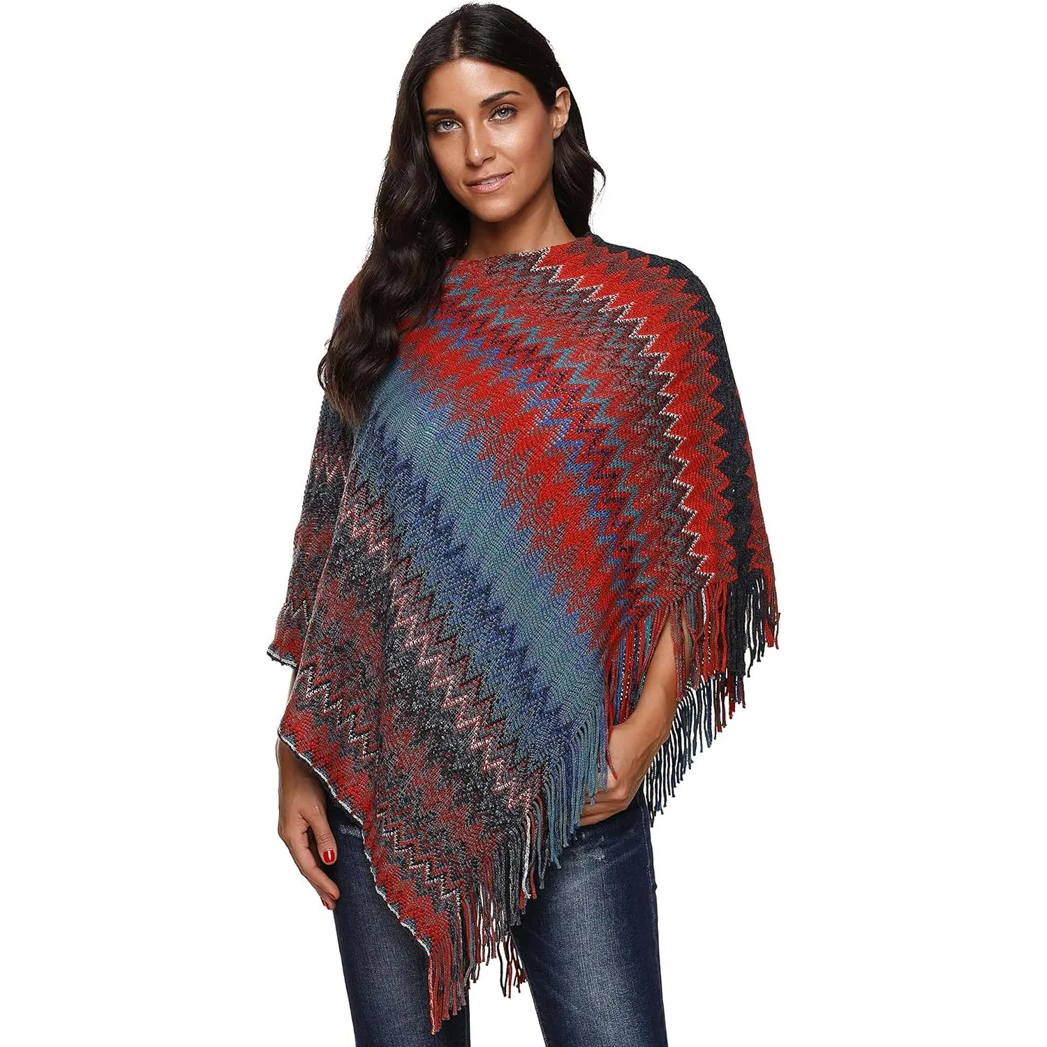 Women's Colorblock Zig-Zag Knit Poncho Top - Asymmetrical Cut Long-Sleeve Crew Neck Drop Shoulder Pull-On Sweater with Tassel Fringe for Teens