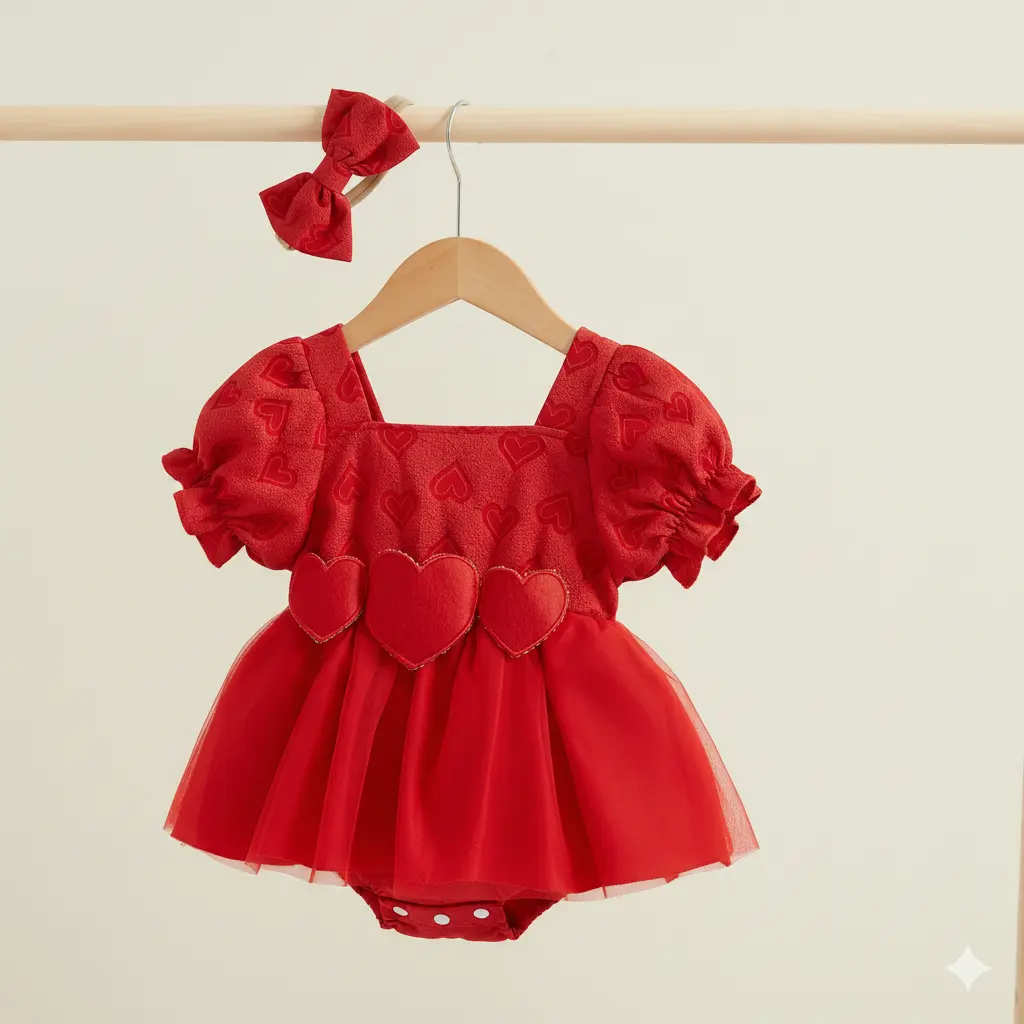 Baby Girl's Romper Dress and Headband Set - Cute Heart Print Summer Jumpsuit, Short Puff Sleeves, Square Neck, Baby Clothing, Polyester, Short Sleeve, 0-3 Months, Heart Pattern