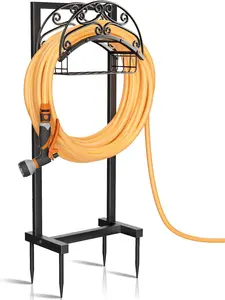 Garden Hose Holder Stand with Storage Basket Holds 151ft Heavy Duty Freestanding Hanger for Outside Yard Lawn Farm
