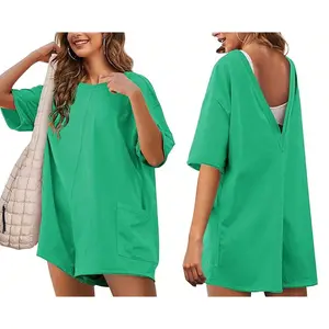 Woman's Green Oversize Knit Romper V-Back Pocket Summer Casual Loose Jumpsuit Beach Vacation Home Date Travel Outdoor Shopping