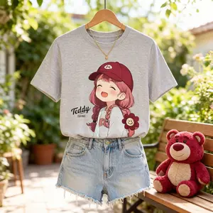Cute Kawaii Anime Girl "Teddy" Graphic T-Shirt for Women, Y2K Aesthetic Chibi Print Tee, Trendy Oversized Streetwear, Retro Sweet Casual Top, Summer Short Sleeve Shirt, Gift for Her Neutral Long Ribbed Sweater Puerto Rico Football Fan