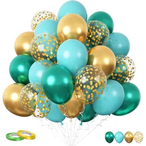 Teal and Gold Balloons, 60 Pcs 12 Inch Metallic Dark Green Confetti Latex Balloons for Wedding Birthday Shower Party Decorations