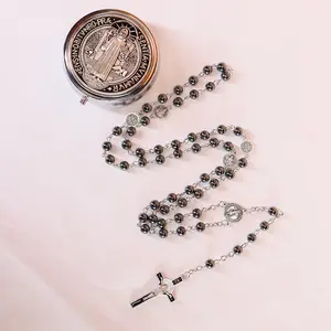 Hematite Stone Beads Necklace Metal Beaded Glory Beads Medal & Cross with Metal Gift Box