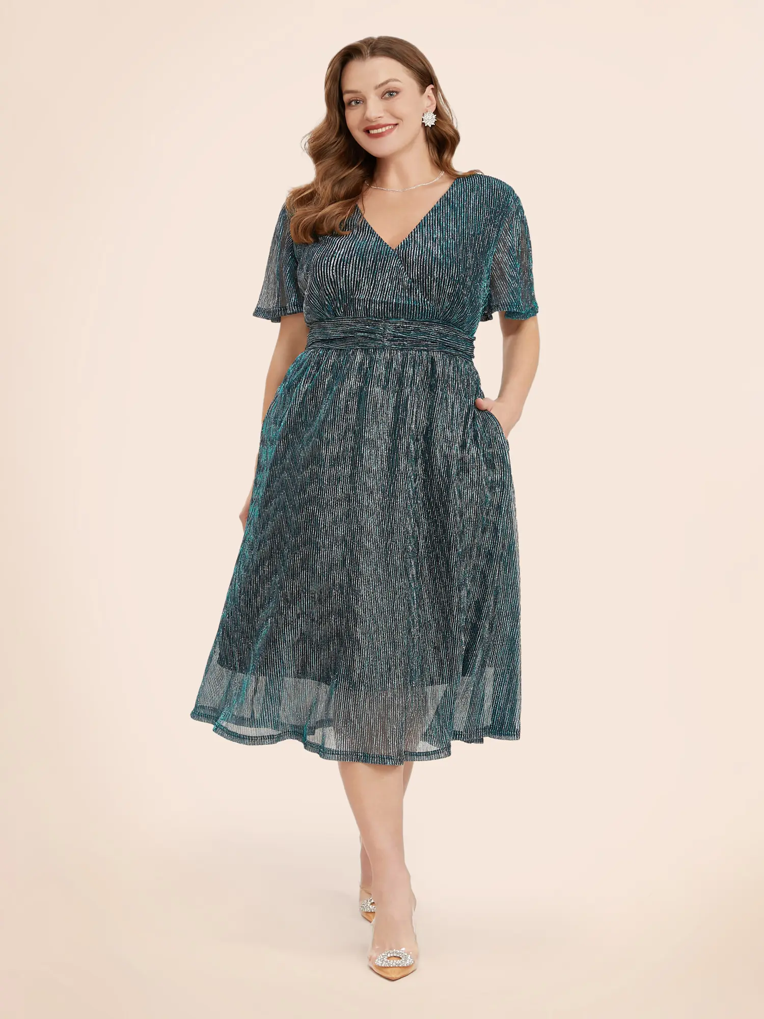 Women's Casual Glitter Midi Dress, Surplice V-Neck Gown with Ruffle Sleeves and Pockets, Breathable Comfy Polyester Fabric, Garment, Shortsleeve, Everyday, Simple, Sequins