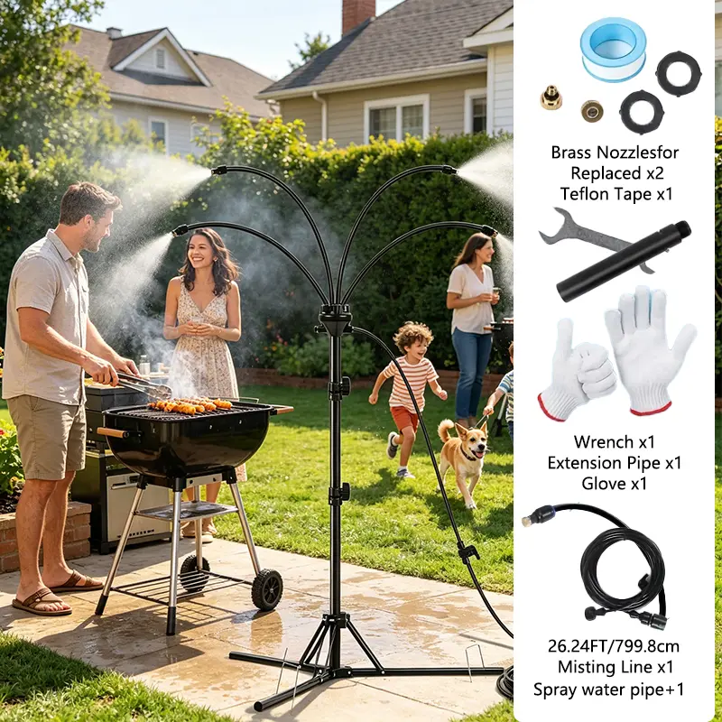 Outdoor Patio/Garden Misting Cooling System, 26.24FT Spray Water Pipe with Height-Adjust Riser, Portable Standing Mister for Gardening, Cooling Pets