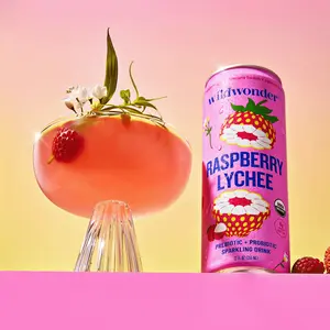 wildwonder Sparkling Probiotic Drink For Gut Health & Immune Support, Raspberry Lychee, 5g Prebiotic Fiber, Live Probiotics, Organic, Vegan, Low Sugar, 12oz Can, Seen on Shark Tank