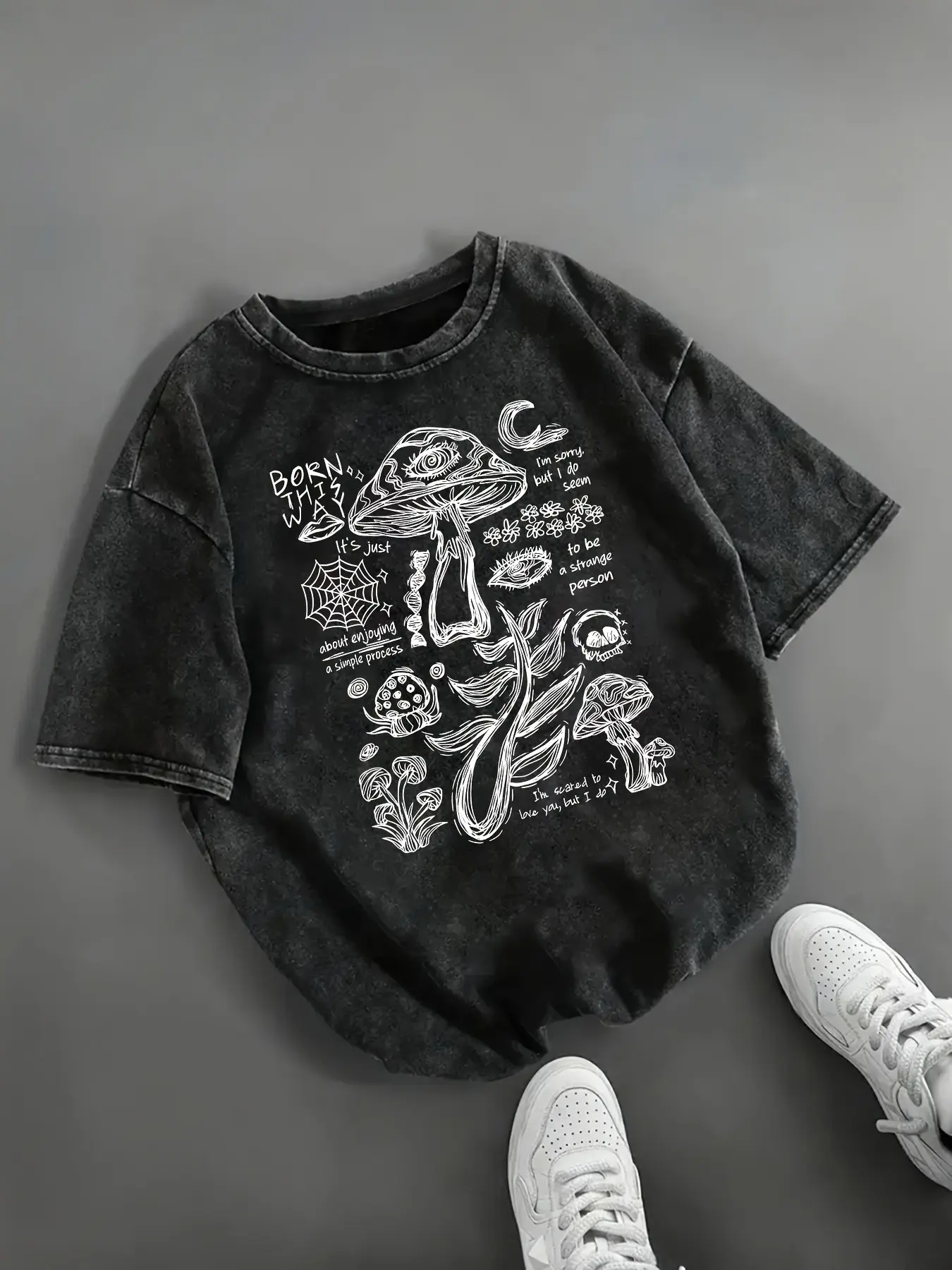 Mushroom Print Loose Fit Baggy Casual Streetwear Short T-Shirt for Women, Summer Washed Round Neck Top, Comfortable and Stylish Ladies' Clothing, Casual Tops