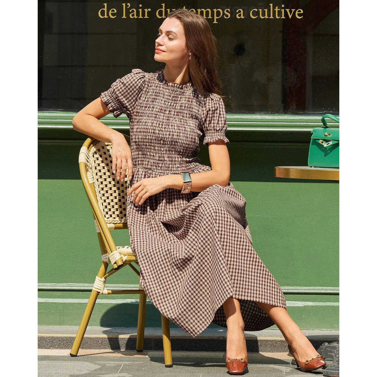 RIHOAS Women's 100% Cotton Coffee Plaid Casual Classy Dress - Ruffled A-Line, Puffed Sleeves, Shirred Details, Lady