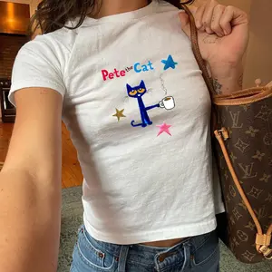 Cool Cat Baby Tee - Pete the Cat Shirt, Pete the Cat Drinking Coffee,  Nostalgia Merch, Trendy Baby Tee, Coquette Vintage Design T-Shirt