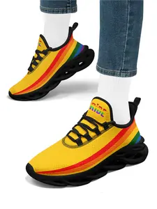 Women's Yellow Pride Rainbow Stripe Lace-Up Low Top Shoes, Lightweight Classic Sneakers, Comfortable Shoes, Running Shoes, Walking Shoes, Breathable Plus Size Design