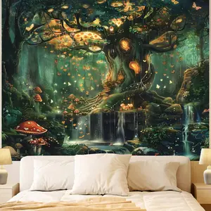 Forest Wall Tapestry for Bedroom, Nature Green Tree of Life Tapestries Wall Hanging, Fairy Tales Magical Landscape Backdrop Tapestry for Living Room Dorm Decor