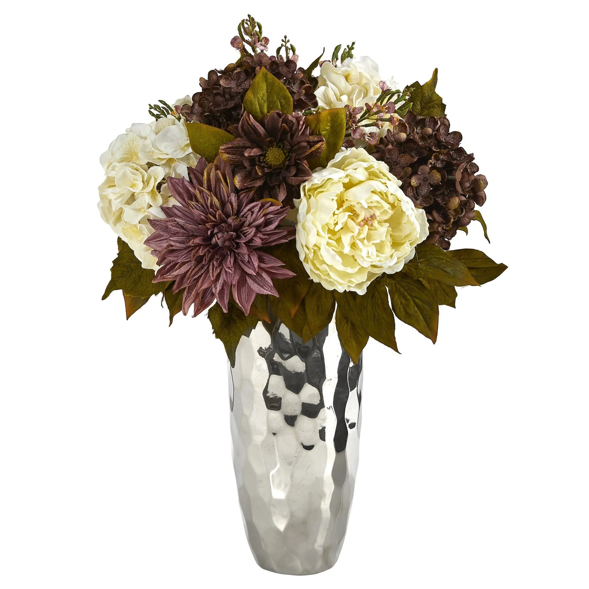 22-in Eternal Flower Bouquet - Faux Artificial Peonies, Hydrangea, Dahlia & Pink Flower Arrangement in Silver Vase, Natural-Look Home Decor Accent, Peonies Artificial Flowers
