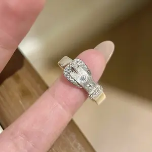 Women's Adjustable Vintage Belt Buckle Ring - Silver-Plated Faux Diamond Couple Ring, TikTok Trending Artificial Gemstone Jewelry Gift