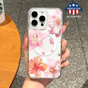 Magnetic Soft Case for iPhone 15 Pro Max cases 11/12/13/14/15/16/pro max Plus 16E iPhone X/XS XSmax, Pink Flowers MagSafe Compatible, transparent phonecase stuff,Aesthetic Pattern Design,cutephonecases