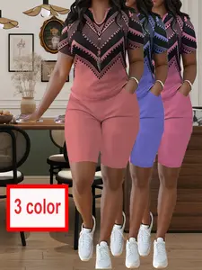 Womens Plus Size Bohemian Two Pieces Set Casual Elegant Shorts Set, V Neck Short Sleeve Top & Shorts Outfits For Spring,Fall & Summer,Comfortable Polyester for Casual Attire, Versatile Clothing， Women's Plus Size Clothing
