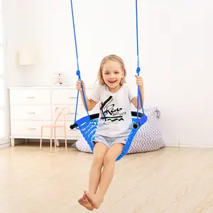 Hand-Knitting Toddler Swing, Swing for Kids with Adjustable Ropes, Heavy Duty Rope Play Secure Children Swing Set, for Indoor, Outdoor, Playground, Tree, 440 lbs Capacity (Blue)