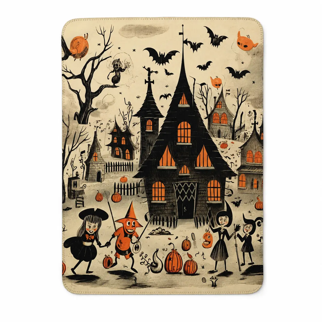 Vintage Halloween Haunted House Flannel Blanket, Witch Pumpkin Spooky Throw Blanket, Retro Gothic Fall Decor for Bed Sofa, Halloween Gift