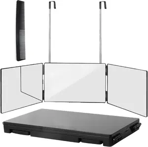 [New Deal] - 3 Way Trifold Haircut Mirror, 360 Degree Mirror for Hair Cutting, Shaving, Grooming, Hair Styling, Dye Hair and Makeup with Adjustable Height Brackets, Portable for Travel, Bedrooms, Bathroom (Black) Decor